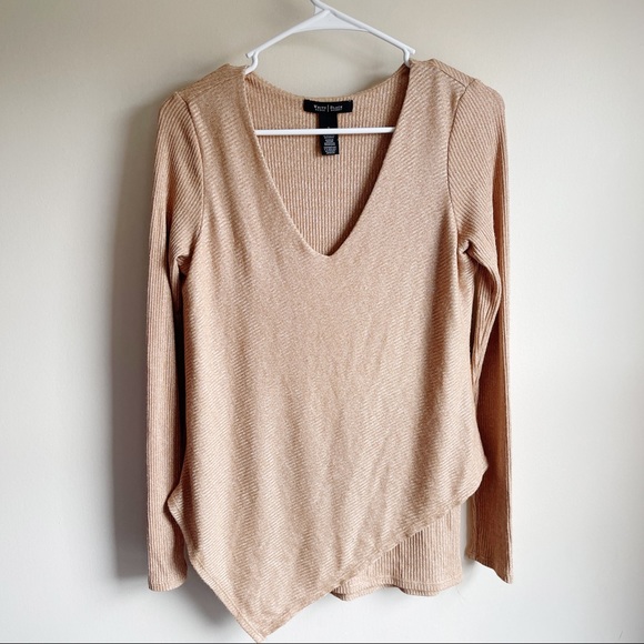 White House Black Market Caramel Ribbed Asymmetric Sweater - Picture 1 of 5